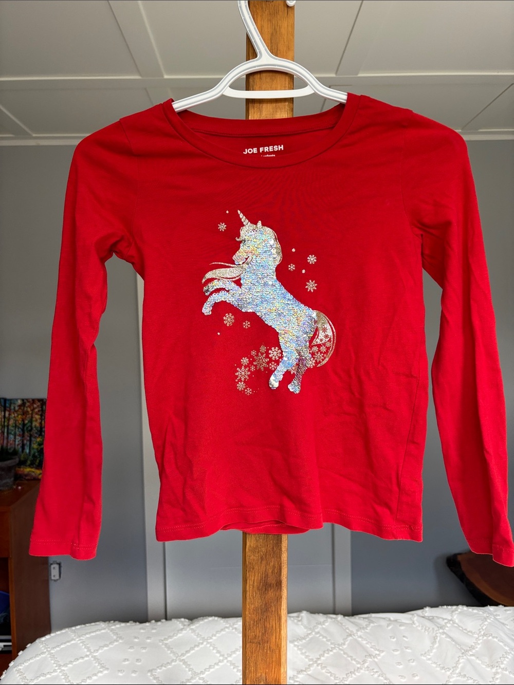 Joe Fresh Red Long Sleeve Tee with Sparkle Unicorn